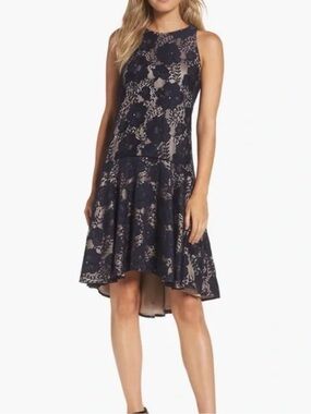 Eliza J Drop-Waist Navy Lace Fit-and-Flare Dress